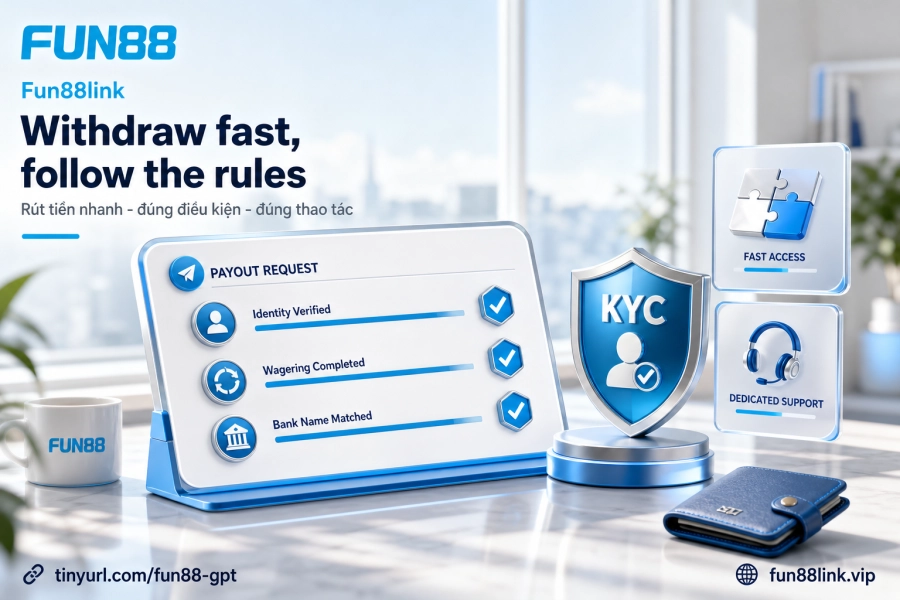 Điều kiện rút tiền Fun88 — xác minh KYC vòng cược và khớp tên ngân hàng